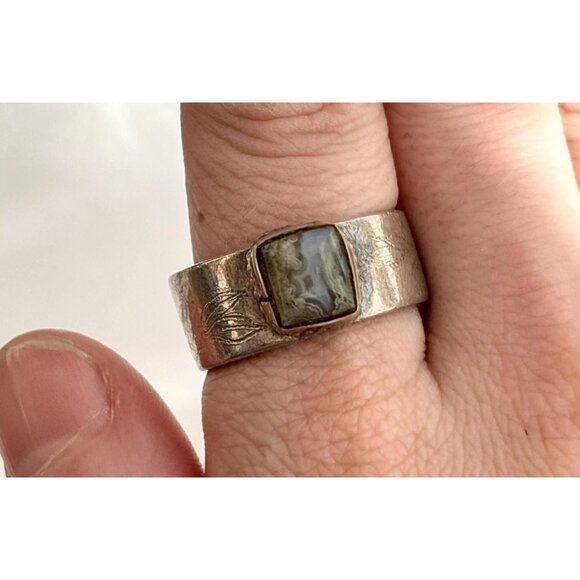 Jasper Gemstone Straight Banded Carved Pewter Statement Vintage Ring - sz 11 - Picture 1 of 13